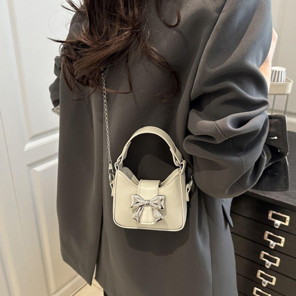 Handbag Bow Buckle PU Bag Mini Women's Shoulder Bag Casual Silver Bucket Bag  Women