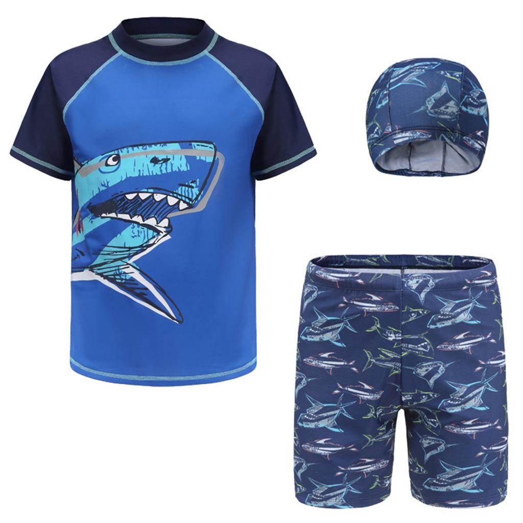 Boys Swimwear Set Short Sleeve Rash Guard Top Matching Trunks Hat Beach Swim Outfit
