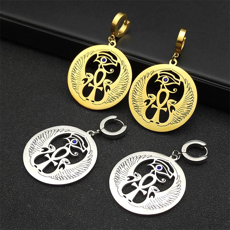 Anka Cross Egyptian Eye of Horus Hoop Earrings for Women Stainless Steel Gold Color Egypt Blue Eyes Earring Jewelry E8074S02