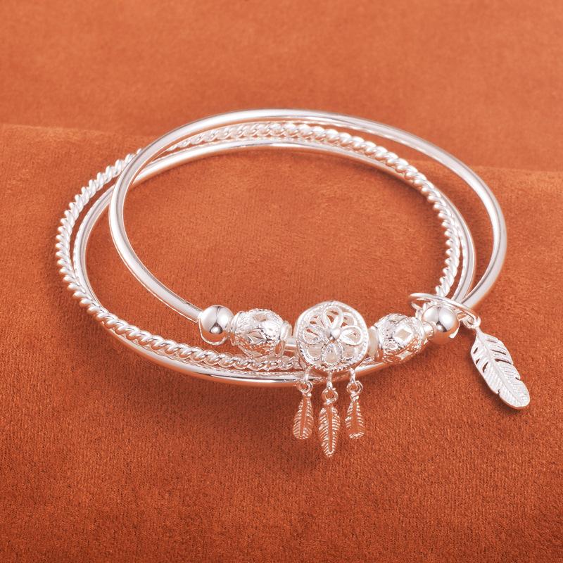 Fashion 925 Sterling Silver Dreamcatcher Tassel Feather Charm Bracelet Bangle for Women Elegant Jewelry