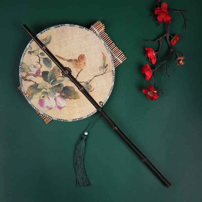 Chinese Style Purple Bamboo Long Handled Tassel with Curly and Winding Fan Hanging Waist Fan Ancient Style Group Fans