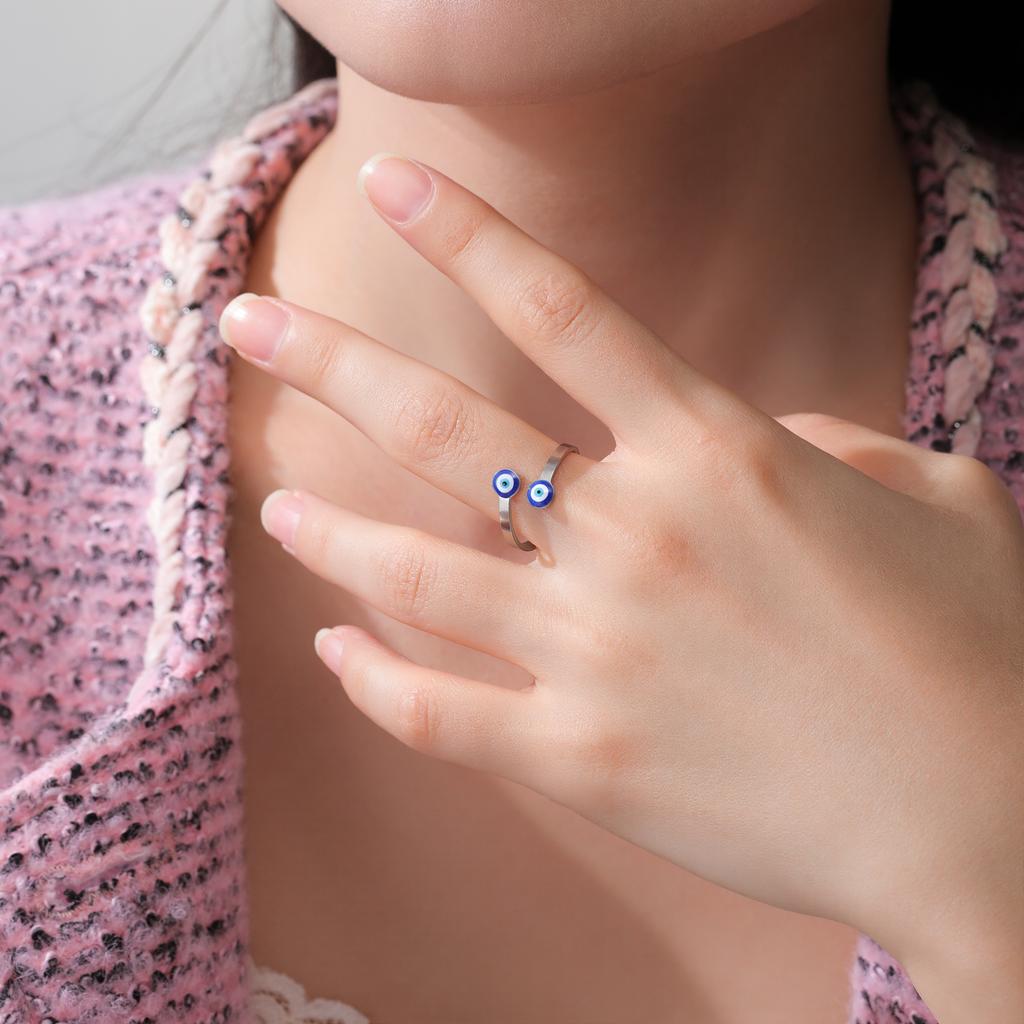 Vintage Turkish Blue Evil Eye Rings Stainless Steel Lucky Jewelry Open Finger Rings for Women Birthday Anniversary Gift Amulet