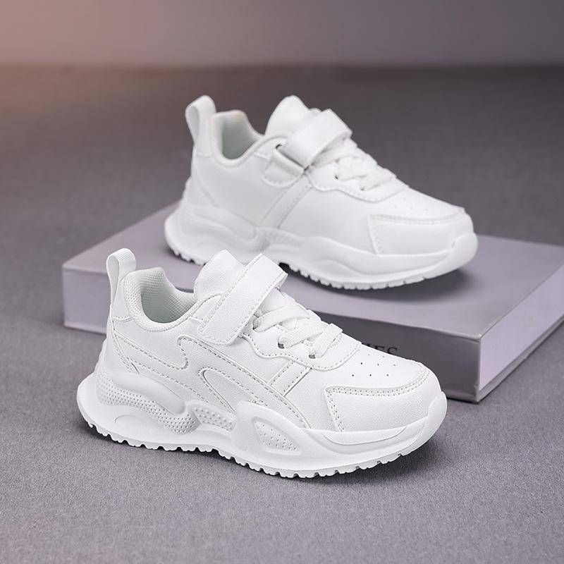 Kids' White Sports Shoes - Waterproof Leather Surface, Unisex Casual Running Sneakers