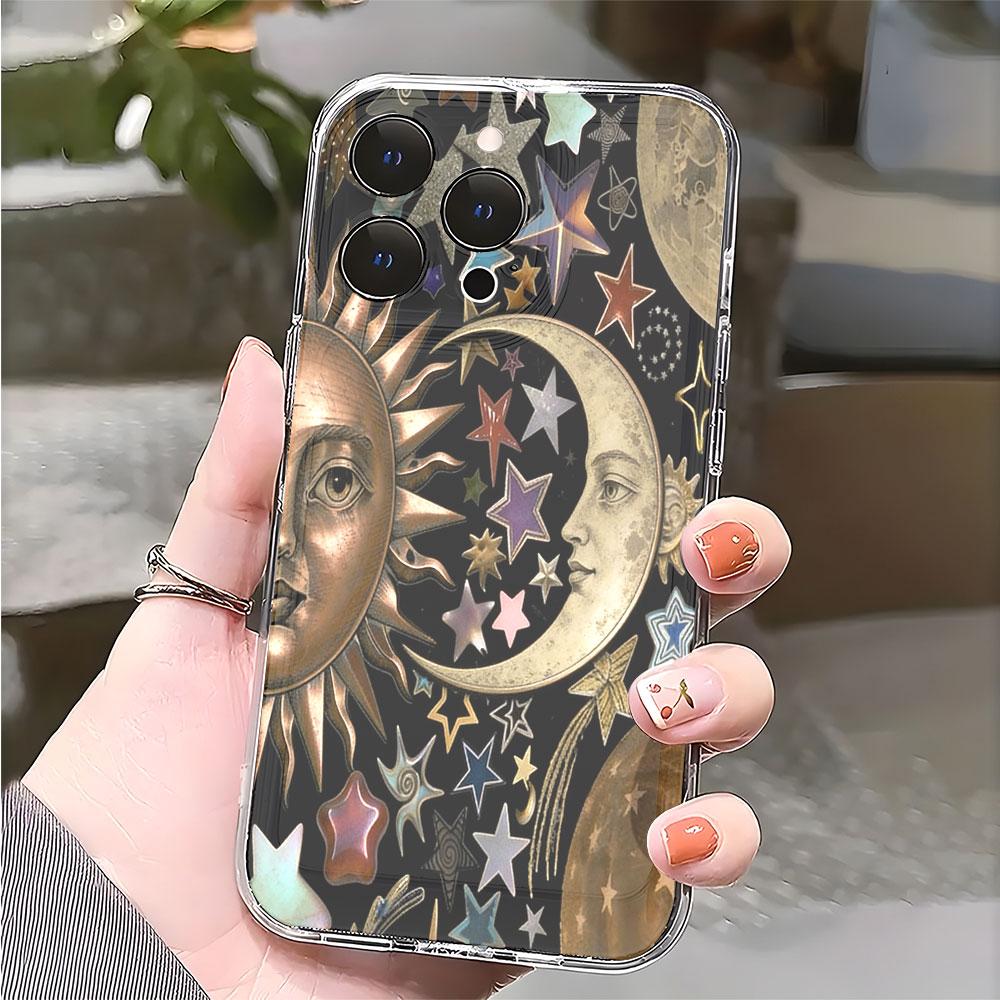 Vintage Sun Moon and Stars Phone Case for IPhone 14 15 16 17 13 12 11 Pro Max  Plus 12 13 Mini TPU Protect Cover