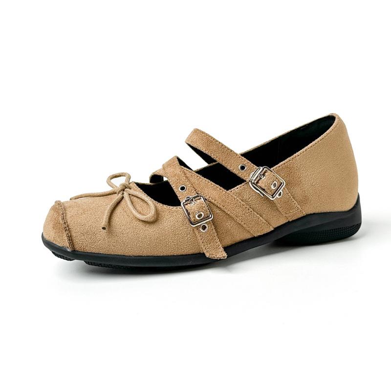 Height increase 5CM bow square head shallow mouth single shoes women's 2025 new retro style cross buckle suede ballet shoes