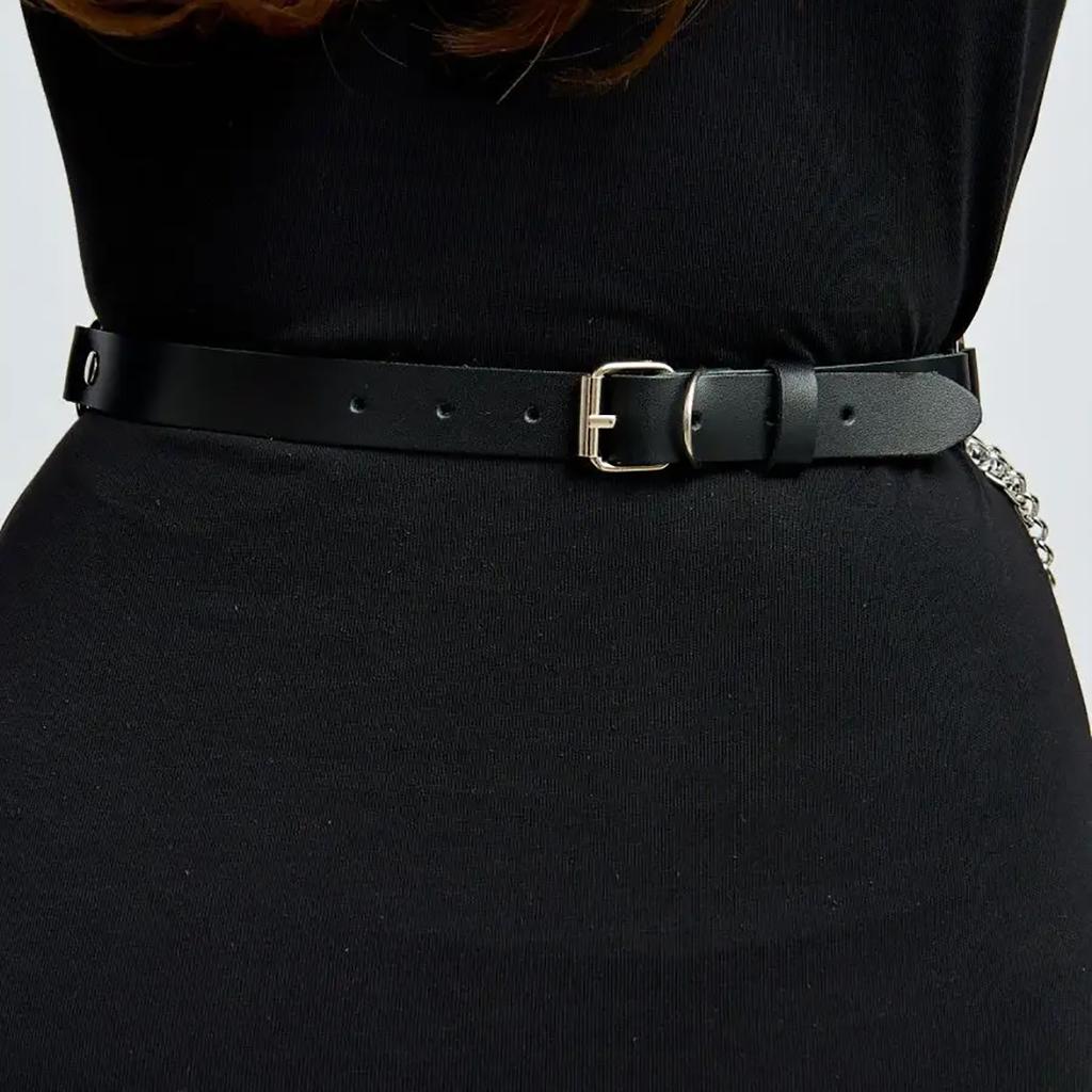 Black Leather Waist Chain Belt for Women, Silver Metal Ring Chain Tassel Body Belt, Adjustable Fashion Dress Jean Belt