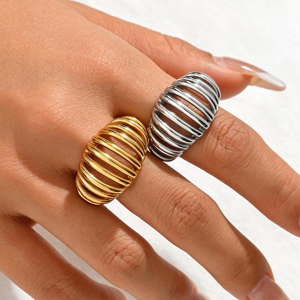 High-End Adjustable Stainless Steel Geometric Hollow Ring for Women