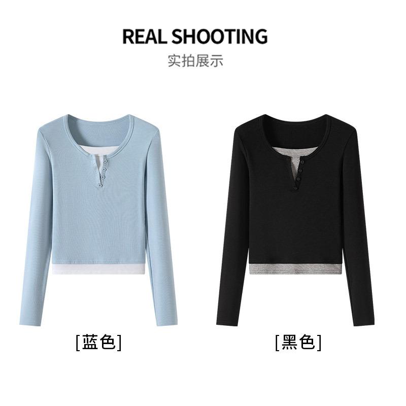 9-Button contrasting color fake two-piece T-shirt women's new design V-neck short shirt