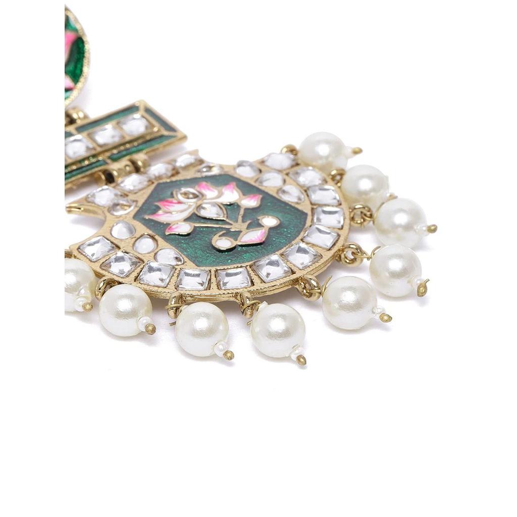 Green & Pink Meenakari Lotus Design Kundan Dangle Earring For Women