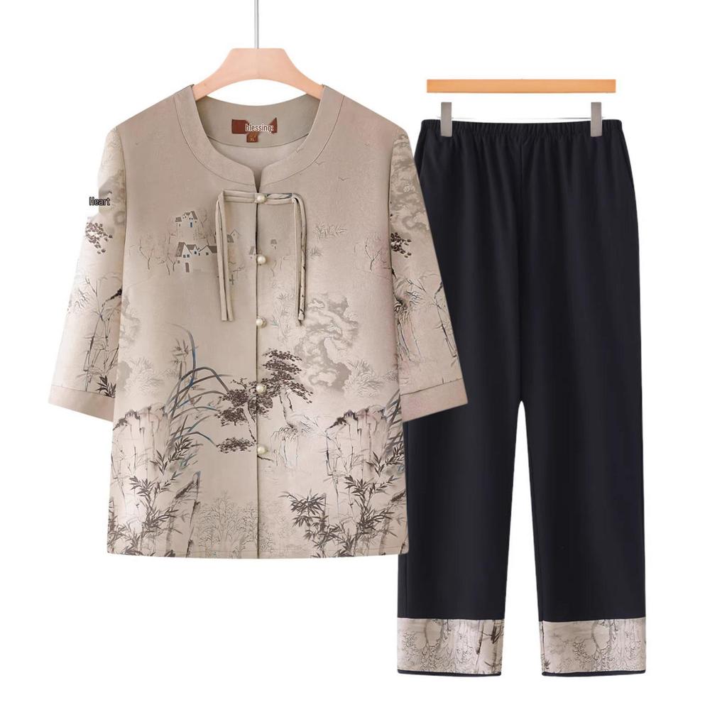 Elegant Chinese Summer Outfit: Short-Sleeved Top & Two-Piece Set for Middle-Aged and Elderly Women