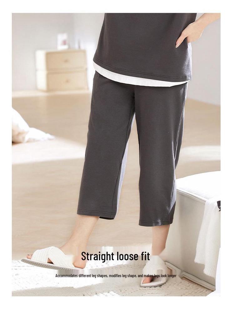 Damen Sommer 2025 Cartoon Capri Pyjama - Kurzärmelig, Reine Baumwolle, Rundhalsausschnitt, Dünn, Draußen oder Drinnen zu tragen