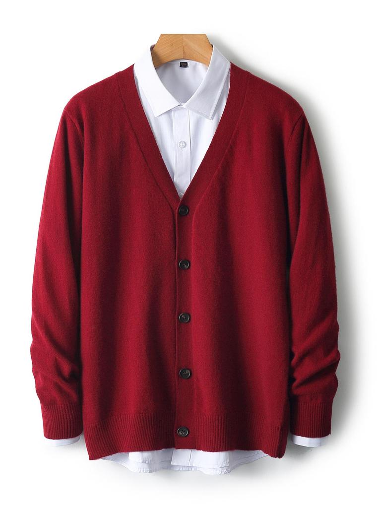 Men's V-neck Wool Cardigan: Autumn/Winter Business Casual Solid Color Long Sleeve, Warm Loose Knit Outerwear.