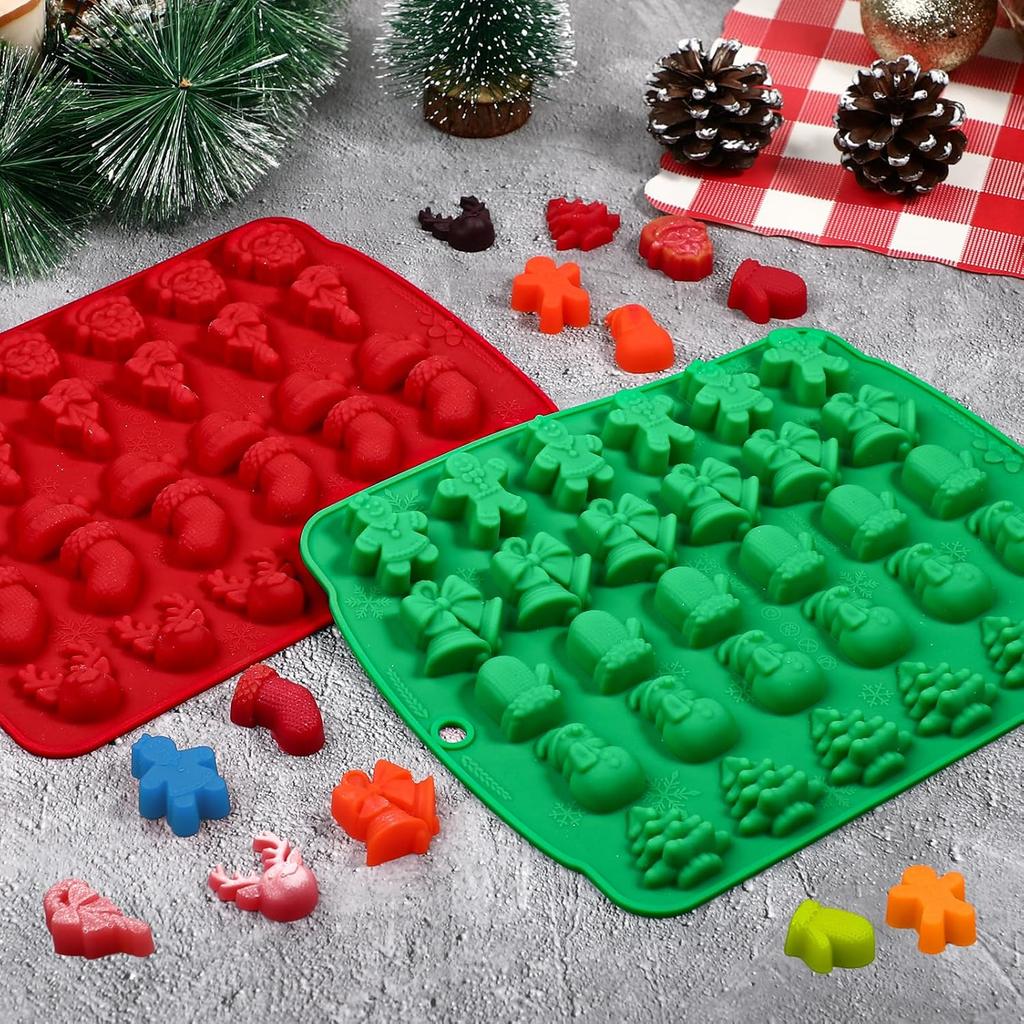 Christmas Candy Molds, 2 Pcs 30 Cavity Christmas Gummy Molds, Silicone Christmas Chocolate Molds, Red & Green