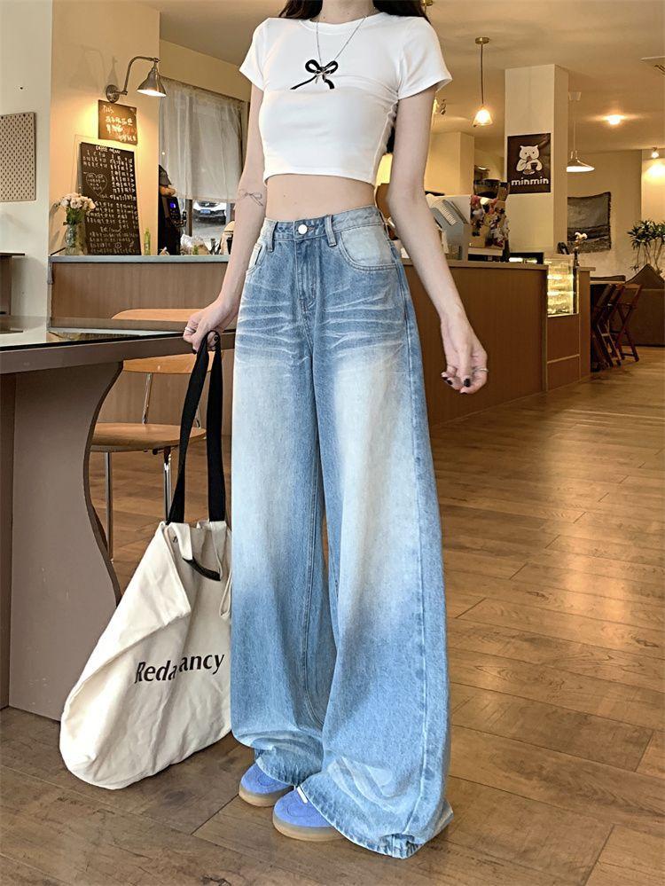 

Grinding White Wash Big Size Jeans Women Crease High Waist Pear-shaped Figure Loose Straight Drag Ground Wide Leg Trousers Long Denim Pants XS