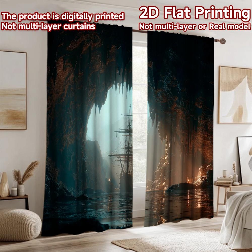 2D flat printing 2pcs Drapes Cave Ship Foggy Ocean Digital Printed Polyester Drapes Party Decorations Perfect for Photo Booths &