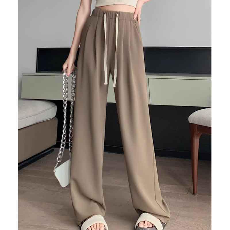 

145cm Coffee Ice Silk Women s Wide Leg Suit Pants, XS - High Waist, Drawstring, Straight and Narrow Leg for Summer L (for 106-115 lbs)