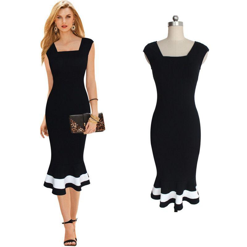 

Fashion Women s Clothing New Sleeveless Square Collar Slimming Dress European Station Solid Color Mid-Length Victoria Fishtail Skirt Black XL