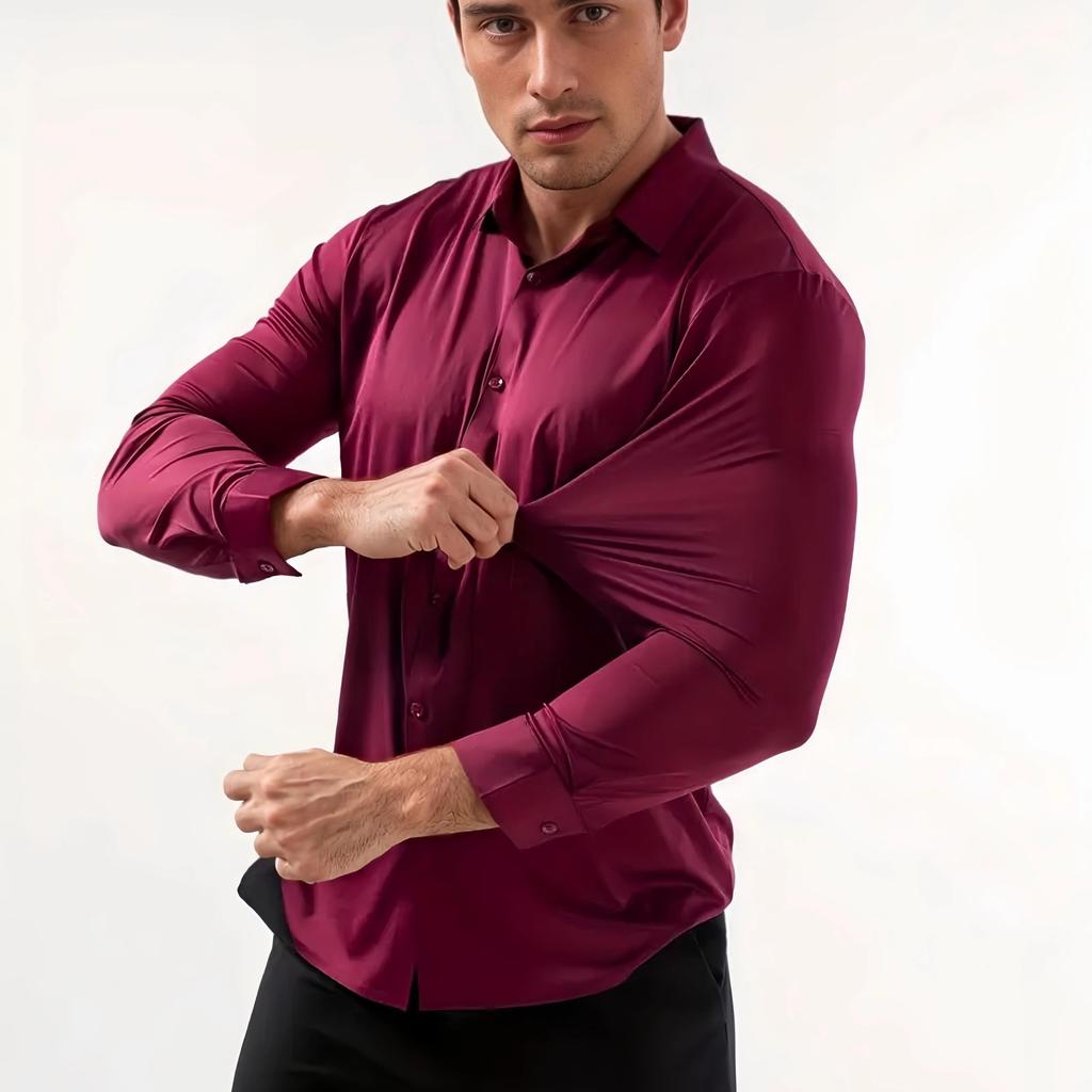 Men Long Sleeve Stretch Dress Shirt Slim Fit Solid Black Wrinkle Free Business Casual Top