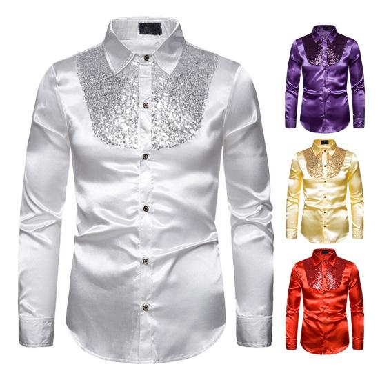 Men Retro Glossy Shirt Lapel Button-up Shirt with Sequins Vintage Formal Shirt for Disco Bars Nightclubs Parties