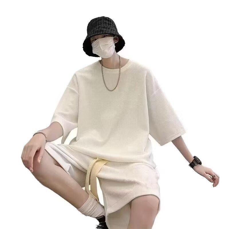 

Мужской летний спортивный костюм 2024 года из вафельной ткани: Легкий свободный комплект из футболки и повседневных шорт 5XL