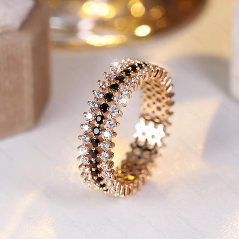 Luxury Black White Zircon Round Full Circle Simple Niche Versatile Women's Ring Fashion Zircon Engagement Wedding Party Gift