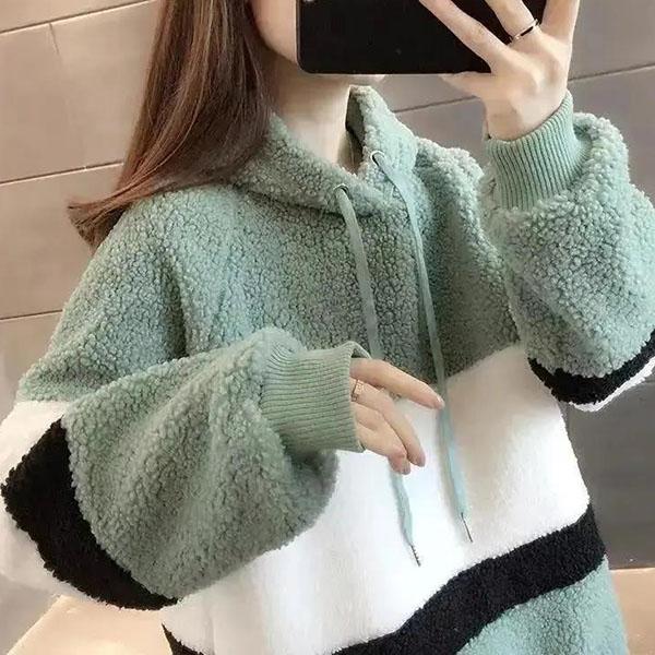 Women's Autumn and Winter Plush Thickened Lamb Wool Sweater Female Color Matching Mid-length Large Size Hooded Coat
