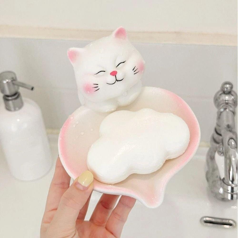 Pastel Pink White Cat Soap Dish With Drainage Soap Container Lucky Cat Soap Case  Household Use