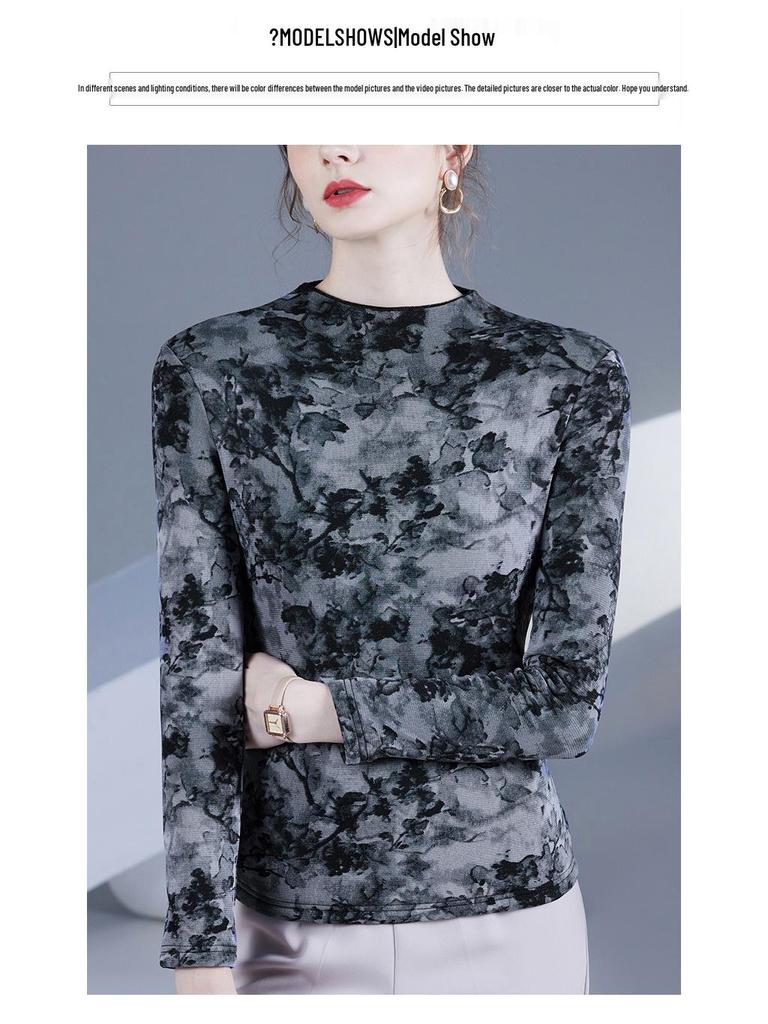 Neue Herbst-/Wintermode: Halbhoher Kragen Bedrucktes Langarm-T-Shirt mit Elastik und Samt.