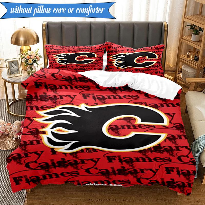 3PCS Flames Hockey Team Logo Bedding Set,Including 1pc Duvet Cover And 2pcs Pillowcases Perfect for Bedroom, Dormitory, Fan Christmas gift