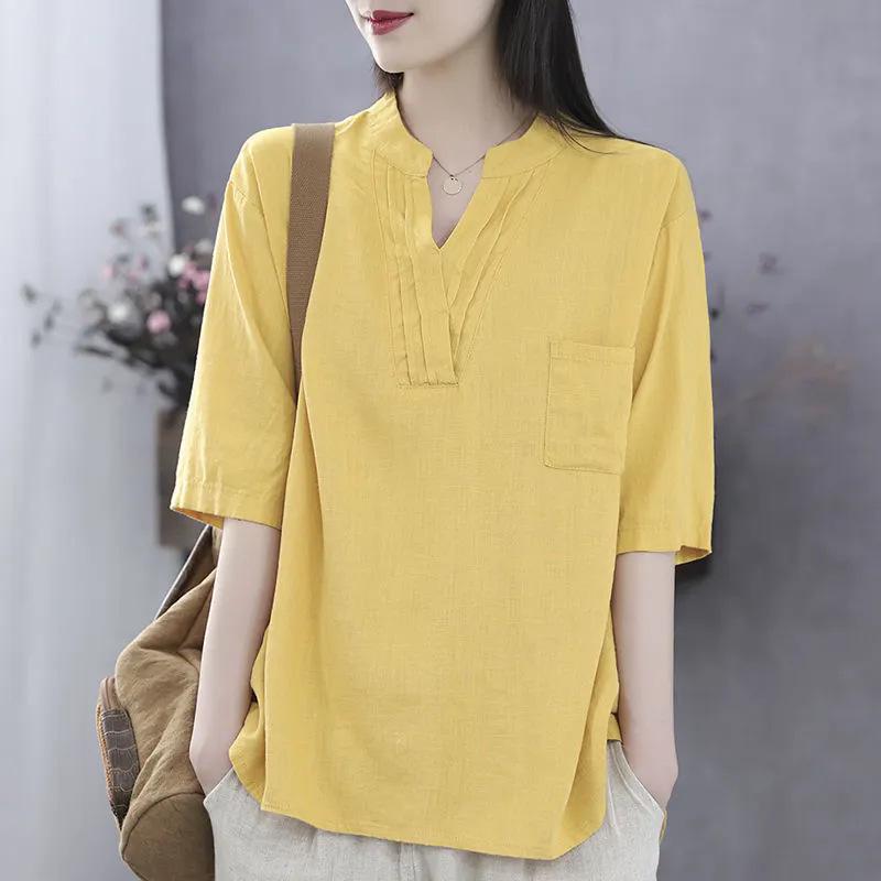 

Шикарный ретро этнический топ с V-образным вырезом, свободными короткими рукавами для женщин - Большой размер, весенне-летняя рубашка XXL (Suggest 68-78 kg)