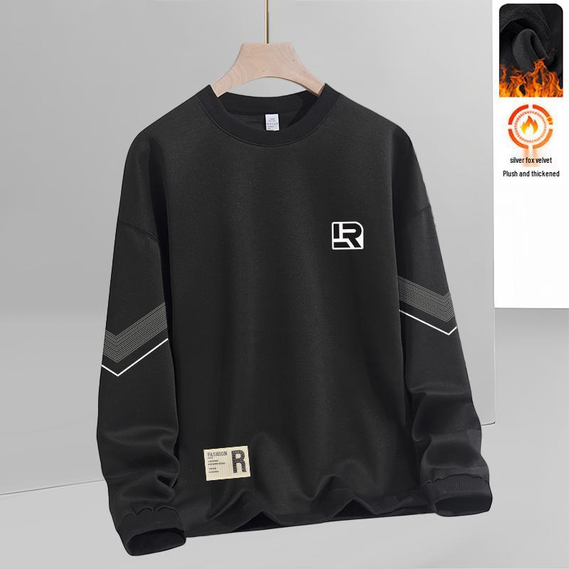 Men's Loose Round Neck Plus Velvet Long Sleeve Pullover for Autumn and Winter