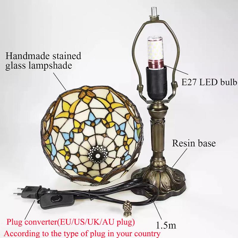 Lampada da tavolo a LED in stile Tiffany Luci decorative mediterranee retrò Paralume in vetro colorato E27Per comodino, camera da letto, luce, caffè