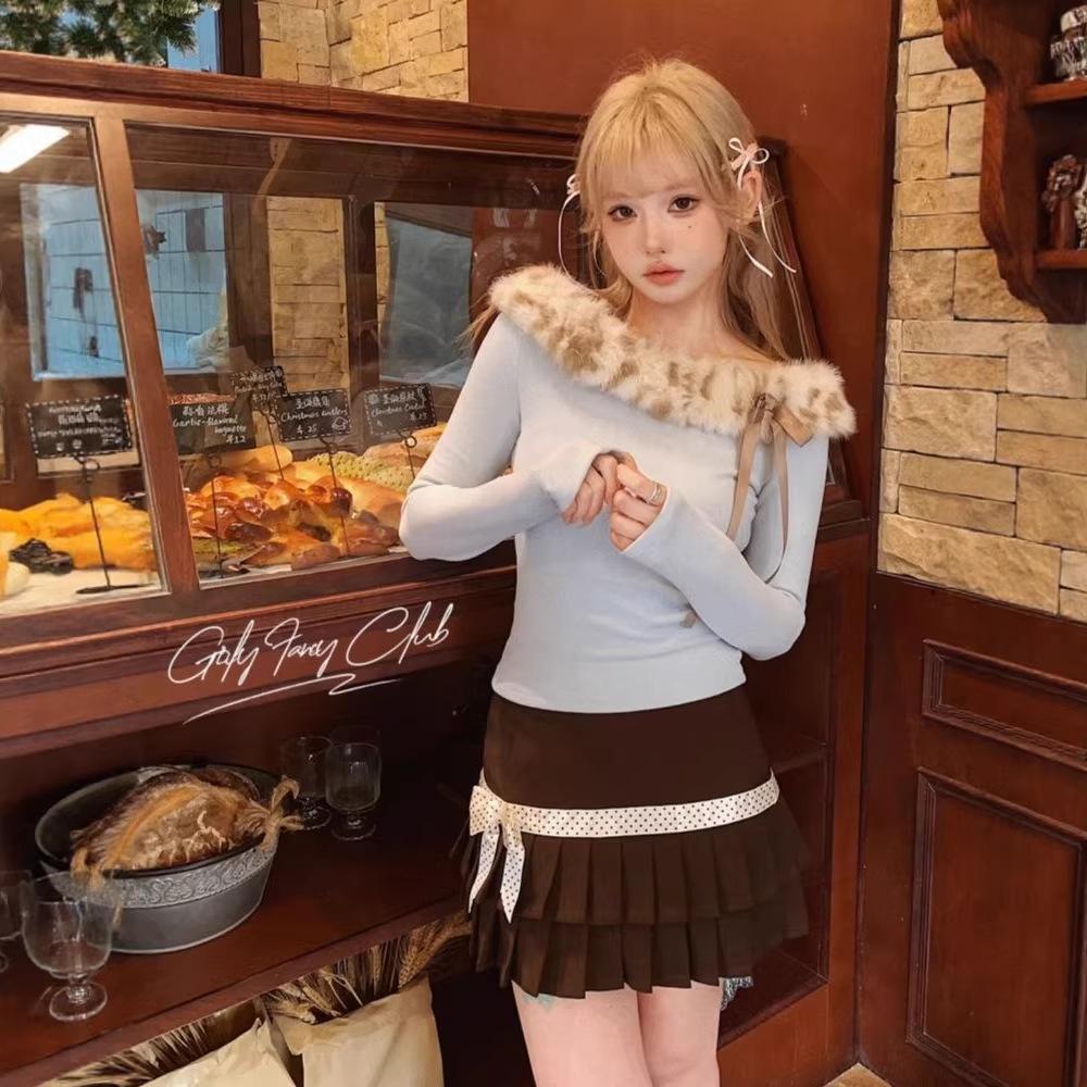

Retro Bow Fluffy Collar One-Shoulder Long-Sleeve Women s T-shirt - Slim, Sweet Style for Spring and Autumn M синий