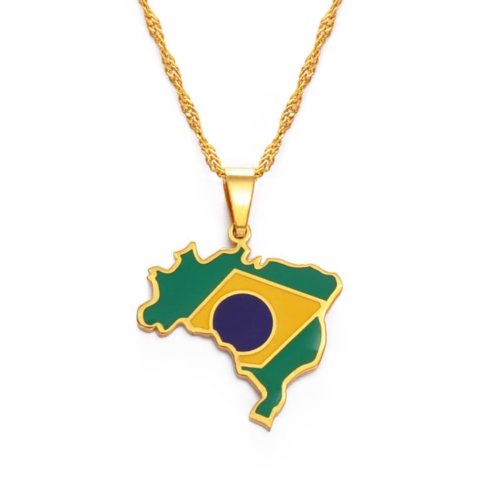 Anniyo Brazil Map and Flag Pendant & Necklace Brasil Maps Silver Color/Gold Color Jewelry #315921