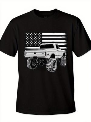 Vintage American Flag  Pickup Truck Graphic TShirt 100 Cotton ONeck Short Sleeve Summer Casual Mens Tshirt Streetwear
