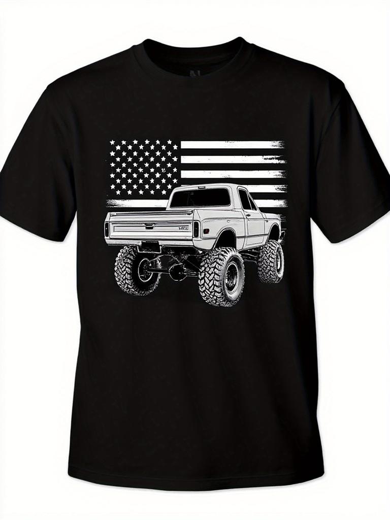 Vintage American Flag Pickup Truck Graphic TShirt 100 Cotton ONeck Short Sleeve Summer Casual Mens Tshirt Streetwear
