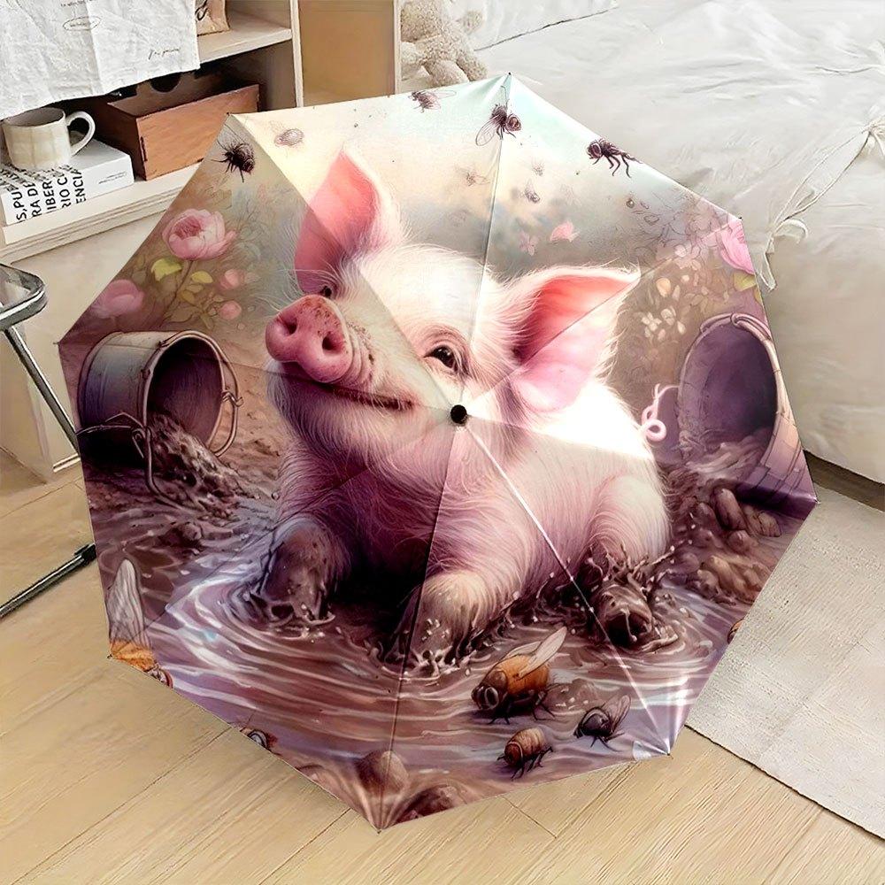 

Folding Umbrella with Smiling Pig & Muddy Puddle Design - Automatic Open/Close, Compact Travel Umbrella with 8-Rib Sturdy Fram Iron&8K