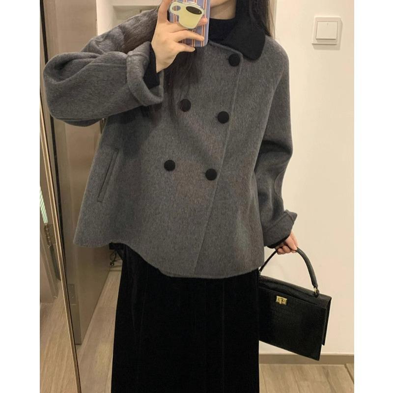Women's Grey Wool Coat with Doll Collar - Retro Korean Hepburn Style for Autumn/Winter