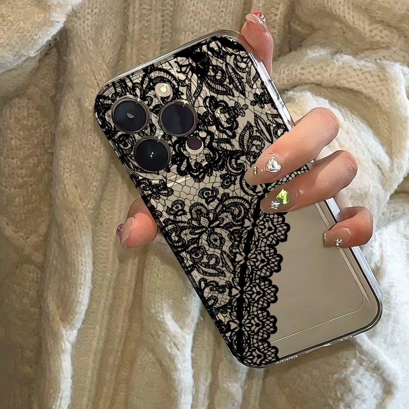 Black Lace Phone Case for iPhone 17 Air 16 15 14 13 12 11 Pro Max Plus Mini X 8 7 Soft Transparent Cover Fundas Accessory