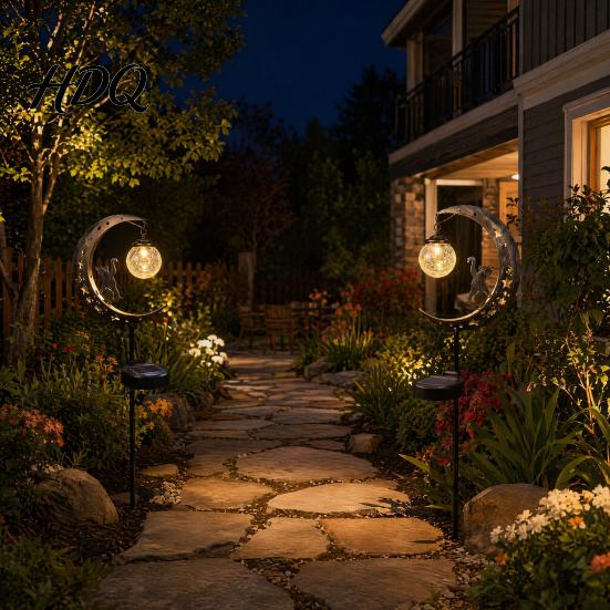 Lawn Solar Lights Moon And Hummingbird Garden Light Outdoor Cracked Glass Ball Stake Decorative Lamp for Yard Waterproof Automatic LED Lighting