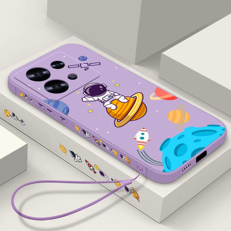 Space Astronaut Print Phone Case For Xiaomi 13T Pro Poco X6 F6 Redmi Note 13 12 Pro 11 10 Lens Protection Soft Silicone Lanyard Shockproof Slim Cover