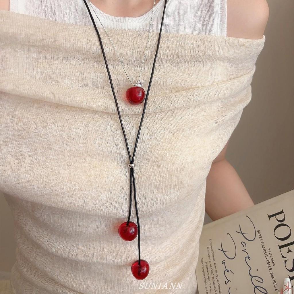Einziehbare Rote Kirsch-Anhänger Halskette - Elegante Vielseitige Lange Pulloverkette Choker für Damen