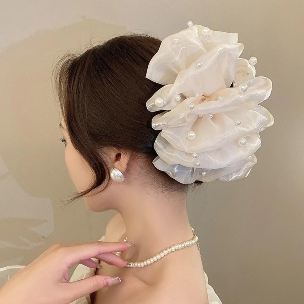 Large Bow Bow Hair Claw Bubble Mesh Pearl Shark Gripper Elegant Hair Clip Women