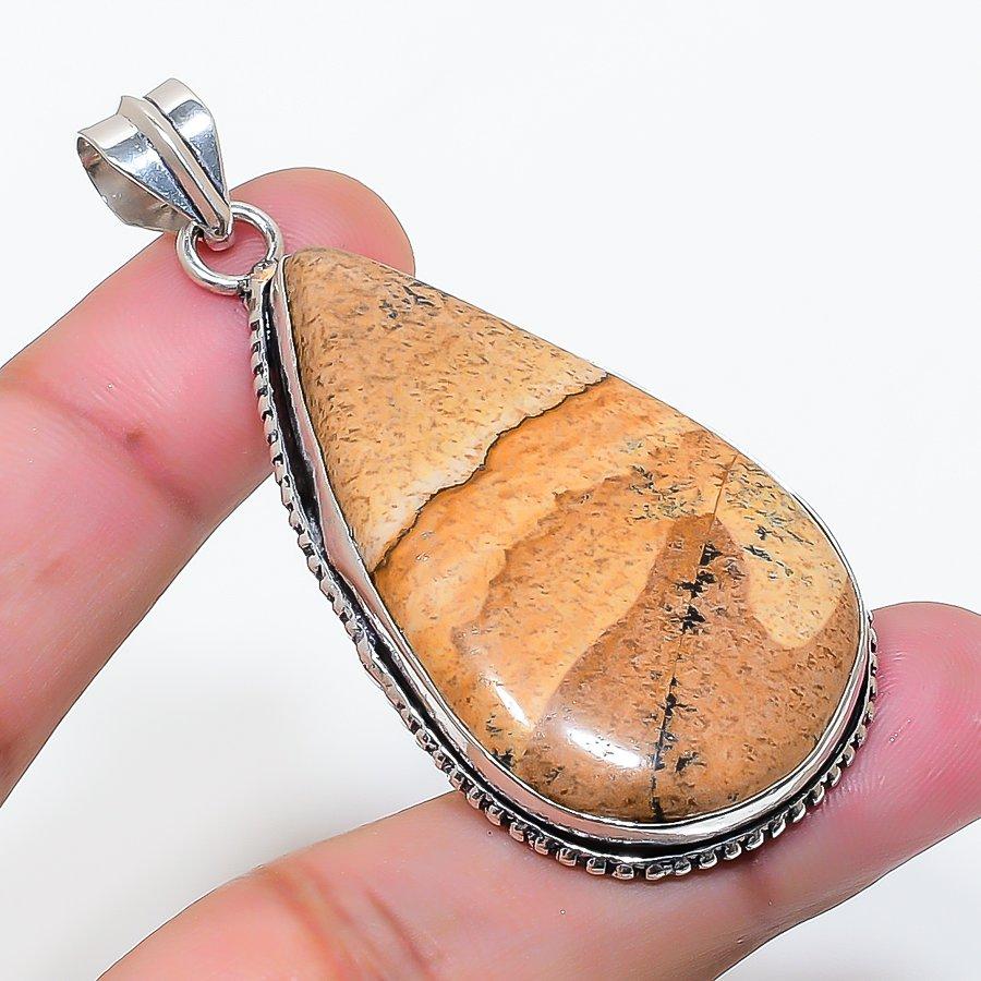 Natural Picture Jasper Gemstone 925 Sterling Silver Jewelry Pendant 2.36" AP-15083