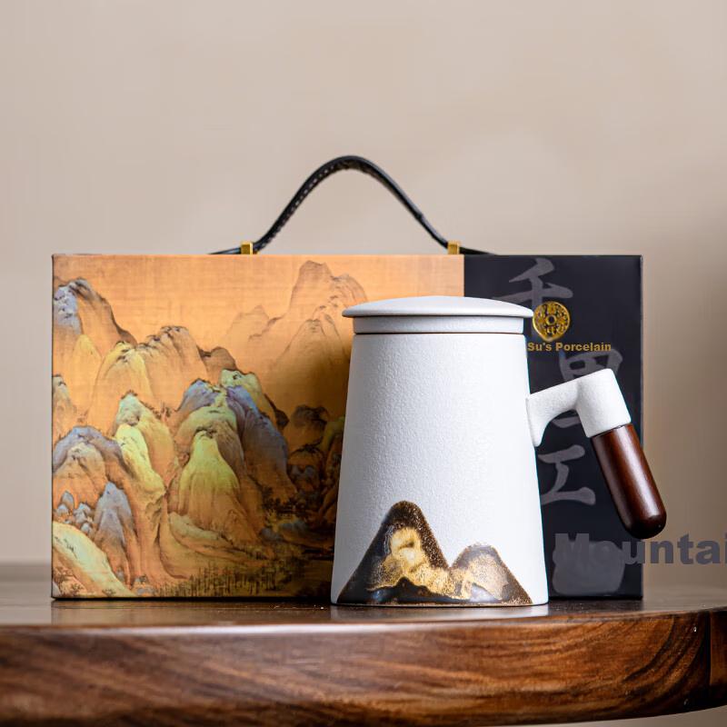 Creative Office Mug, Hand-Painted Glazed Painting, Rising Tea Infuser Cup, Ceramic Filter Inner Container, Set, White