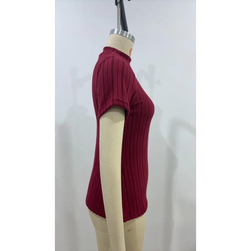 Wiosna i Lato Jednokolorowe Paski Dzianinowe Bluzki z Krótkim Rękawem Nisza Półwysoki Kołnierz Dopasowane Damskie T-shirty