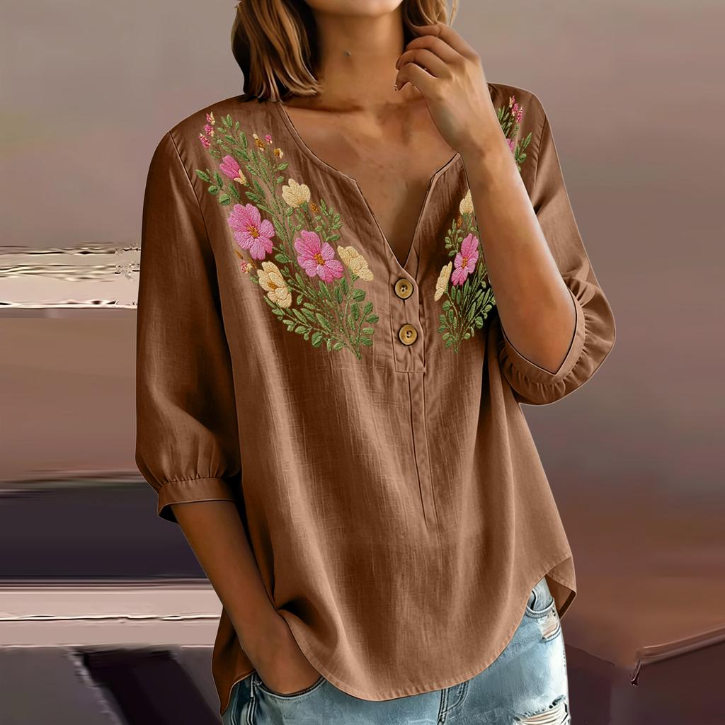 Women Floral Pattern Henley Button Neck Shirt Three Quarter Sleeve Casual Cotton Linen Blouse Lightweight Breathable Top