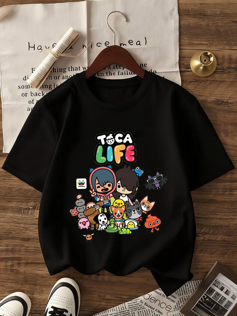 T-shirt Grafica Toca Life World per Bambine Bianca Rosa Manica Corta T-shirt Moda Top per Bambini Cotone Estate Casual Girocollo Maglietta