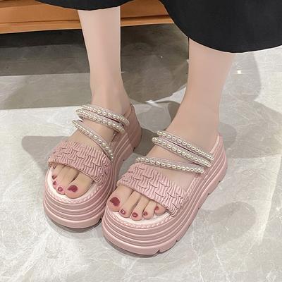 Fashion New 2025 Pearl Strap Chunky Sandals Women Summer High Platform Wedges Slippers Woman Fashion 8CM Heels Thick Bottom Beach Slides