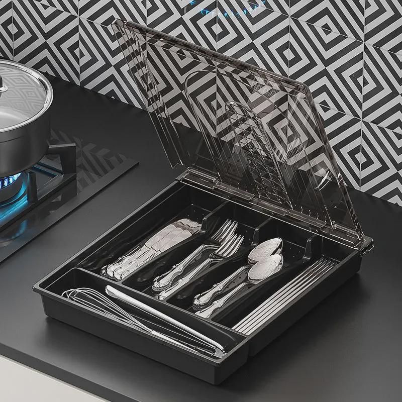 Transparent Multi-Grid Kitchen Storage Box with Lid: Organizer for Chopsticks & Cutlery